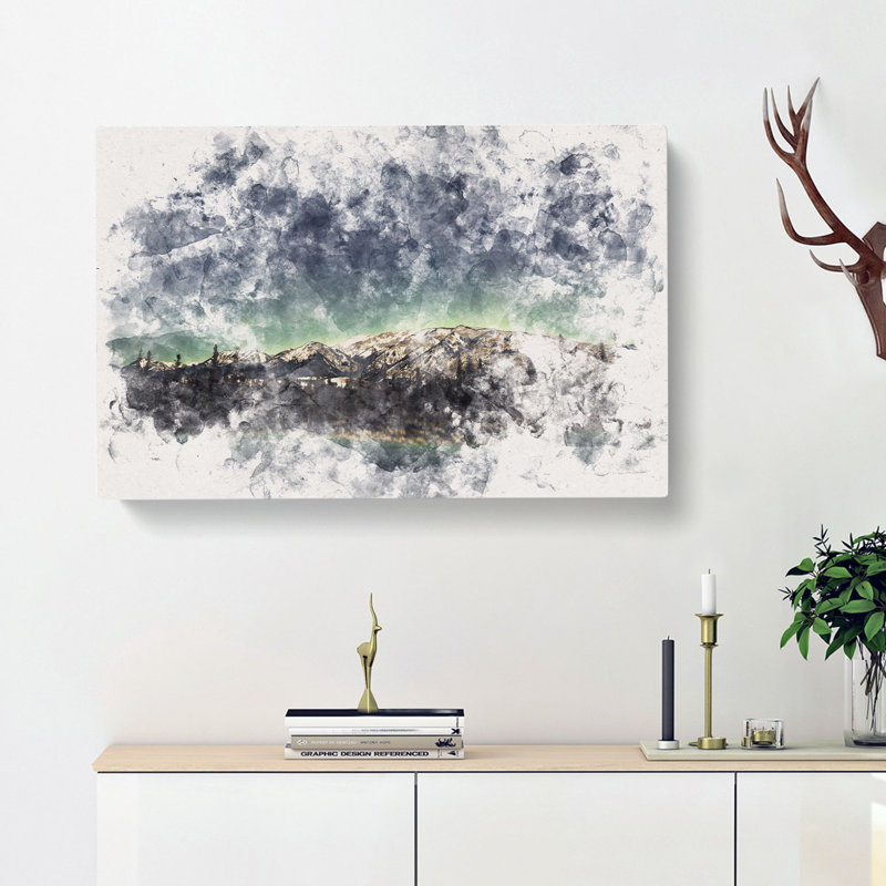 Northern Lights over in Canada Watercolour - Wrapped Canvas, 60cm H x 91cm W x 3cm D