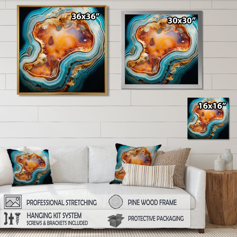 Agate Turquoise River - impression d'art mural en marbre, H 36 po x l 36 po x P 1,5 po, Cadre flottant noir