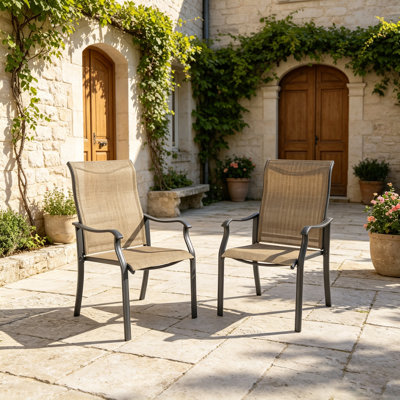 Chaises de salle à manger d'extérieur 2 pièces, chaises à dossier haut en textilène avec accoudoirs pour l'extérieur intérieur, chaises de patio avec cadre en fer, antirouille, chaises de patio