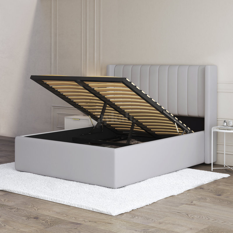 Lit plateforme capitonné avec rangement, Grand, Gris clair