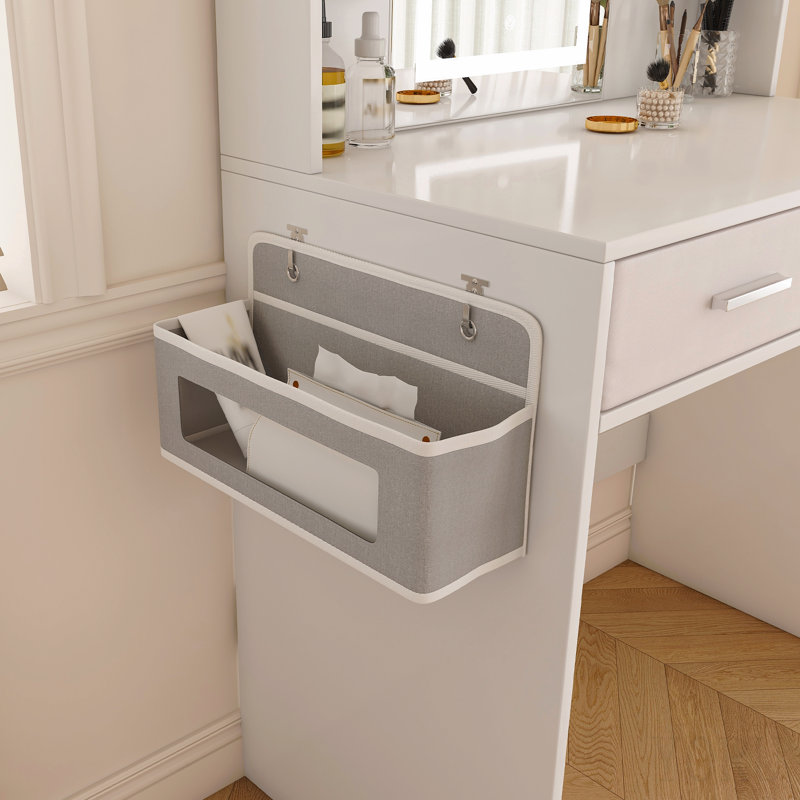 Coiffeuse à miroir à DEL avec lumières pour femmes et filles - bandes lumineuses réglables 3 couleurs, 2 grands tiroirs, support pour séchoir à cheveux et sac de rangement non tissé, mobilier de bureau de maquillage