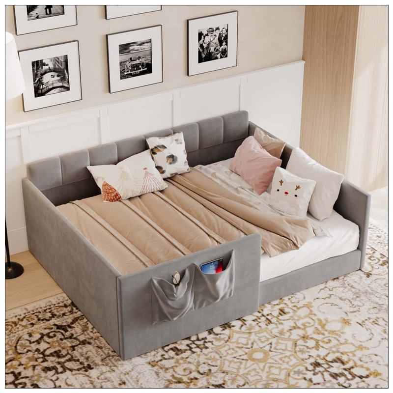 Daybed Velvet Upholstered Sofa Bed with High Side Panels and Side Entrance, Space-Saving Guest Bed with Storage Pockets, Gray