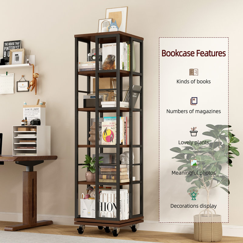 Bibliothèque rotative 5 niveaux, bibliothèque d'angle, étagères en bois pivotantes à 360 degrés, étagère de bibliothèque sur pied étroite, brun rustique