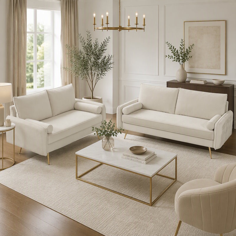 Causeuse moderne en velours 2 places, Ivoire ivoire