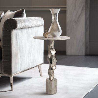 Modern Metal and Marble Accent Table with Sculptural Aluminum Base, Contemporary Side Table with Sleek Design and Elegant Marble Top for Home Decor - Silver