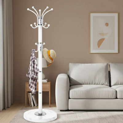 Heavy-duty Metal Coat Rack, Modern Freestanding Design, Natural Marble Base, 360° Rotation, With 16 Hooks, White Finish, Suitable For Entryways And Offices.