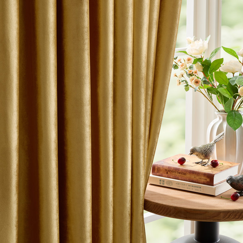 Velvet Blackout Thermal Curtain Panel –  Room-Darkening Grommet Solid Color Drapes for Living Room Bedroom (Set of 2), Gold