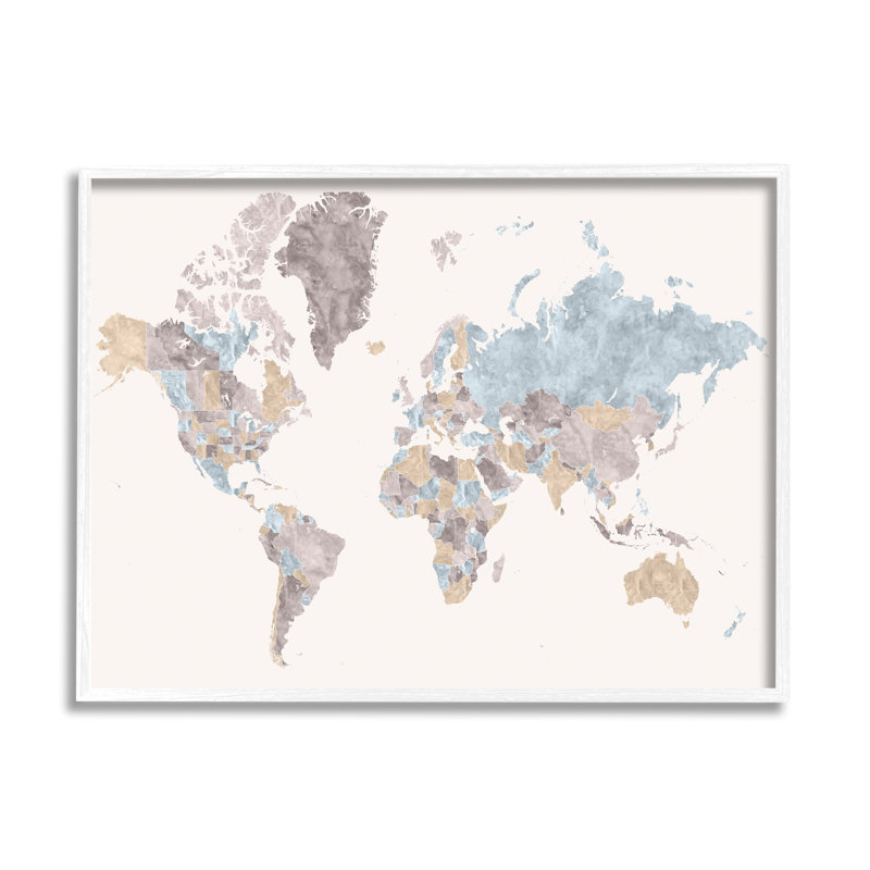Carte du monde avec des bordures contrastant avec des tons de région - impression, H 24 po x l 30 po x 1,5 po