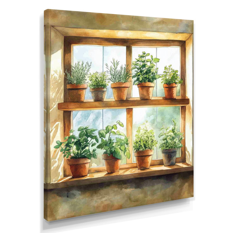 Herbes sur la fenêtre de la cuisine - Art mural sur toile culinaire, H 44 po x l 34 po, Wrapped Canvas