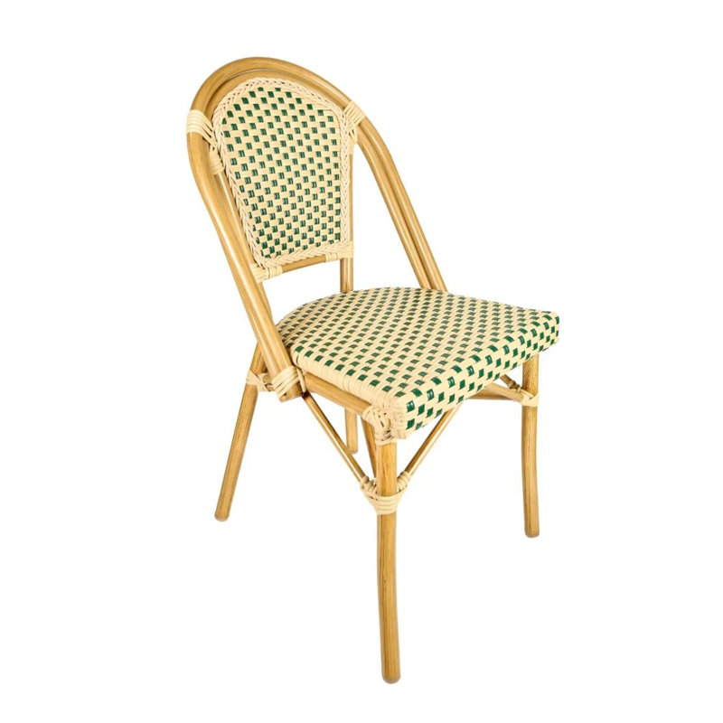 Beige and Green Rattan Armless Bistro Chair with Aluminum Legs