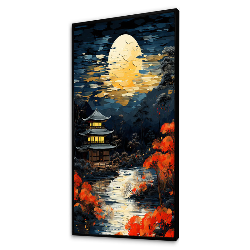 Moonlite, temple japonais la nuit - Japon, art mural, Cadre flottant noir, H 60 po x l 28 po x P 1,5 po