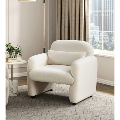 Tissu recouvert de tissu beige Boucle avec une fabrication en contreplaqué, un rembourrage à ressorts ensachés en mousse et un coussin décoratif assorti pour la salle de lecture