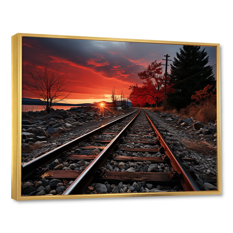 Train, train rouge, paysage I, Cadre flottant doré, H 34 po x l 44 po x P 1,5 po