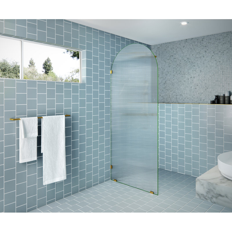 Maven 34 in. x 86.75 in. Fully Frameless Arched Fluted Single Fixed Shower Panel, Satin Brass
