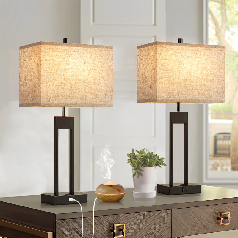 Abdull 25.5" Metal Table Lamp Set with USB A+C Ports with 3 Colors Changeable Desk Lamp, Black
