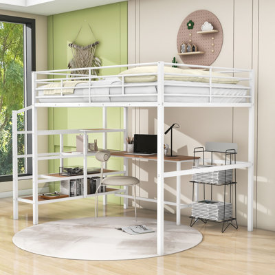 Full Metal Loft Bed With Built-In-Desk And Shelves And Stairs