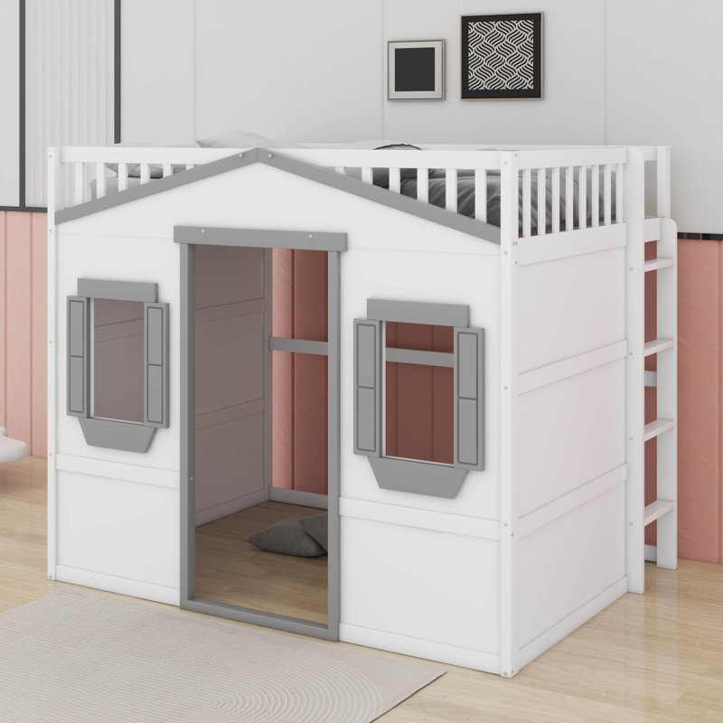Lit mezzanine double avec échelle, Blanc / Gris