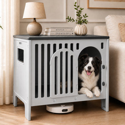Cage pour chien moderne, niche intérieure en PEHD facile à nettoyer pour chiens de petite et moyenne taille, meuble robuste et durable avec table d'appoint, pour une hygiène optimale.