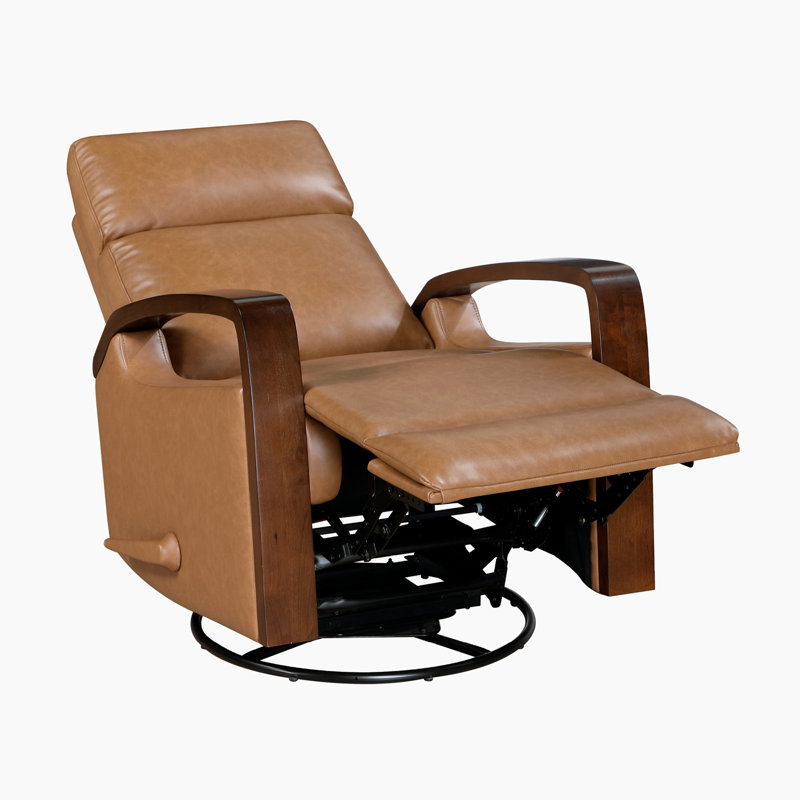 Oudant 31" Modern & Contemporary Breathable Faux Leather Swivel Glider Reclining Chair with Wooden Arms in Brown Finish & 360-Degree Swivel