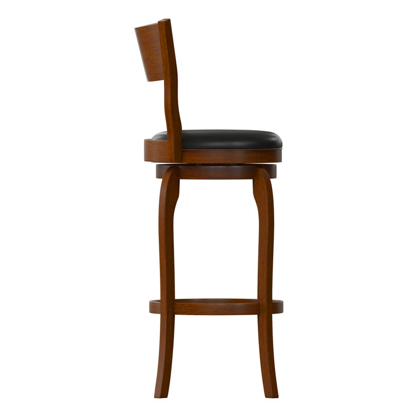 Enola Antique Oak Swivel Bar Stool with Black Faux Leather Seat