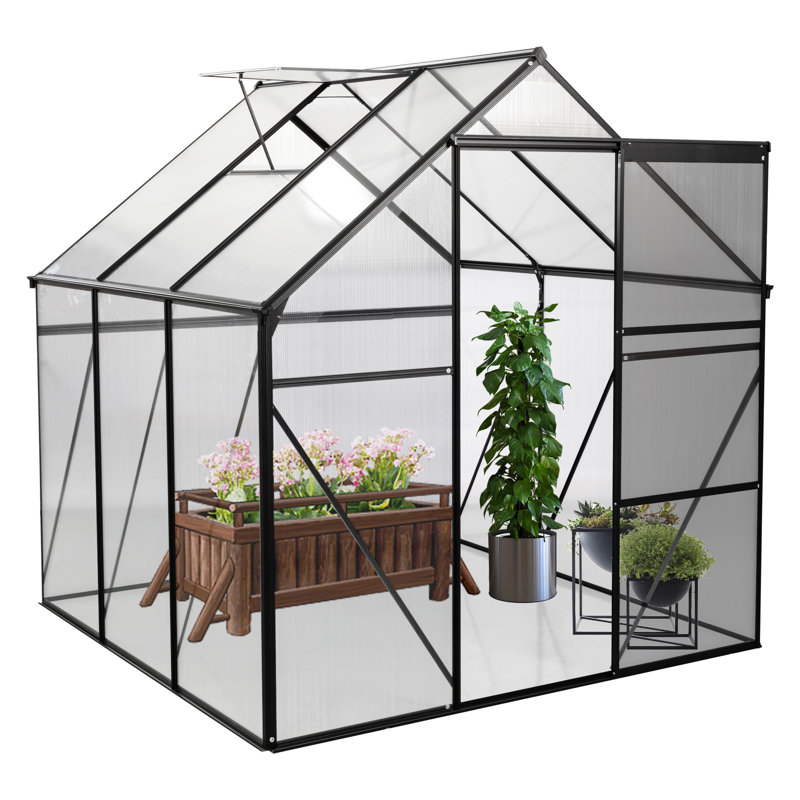 Walk-In Greenhouse 6X6ft - Black Polycarbonate With Stable Framework All Season Backyard Adjustable Roof, Galvanized Base Black, Heavy Duty For Outdoor Sliding Door, Good Drainage, Roof