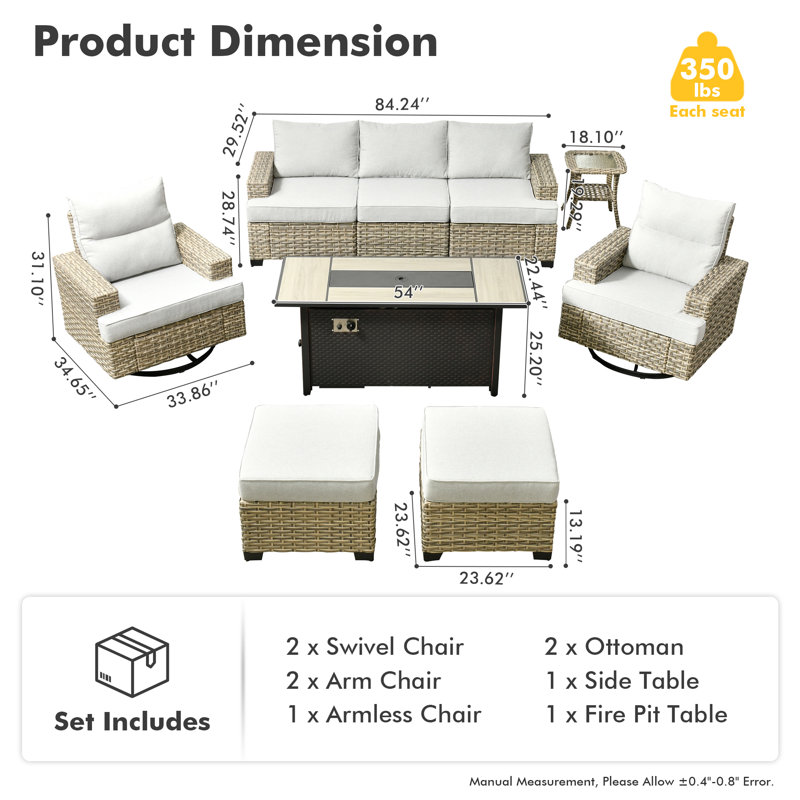 Ensemble de conversation d'extérieur en rotin pour 7 personnes avec chaises berçantes pivotantes et table de foyer