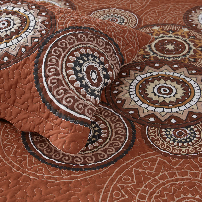 Ensemble de courtepointe 3 pièces - couvre-lit léger en microfibre et 2 taies décoratives, motif Mandala Boho, surdimensionné 98 x 106 pouces, couvre-lit toutes saisons