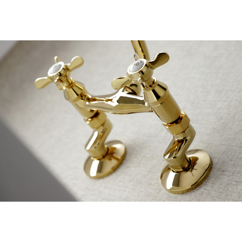 Kingston Brass Essex Double-Handle 2-Hole Wall-Mount Bridge Kitchen Faucet, Polished Brass