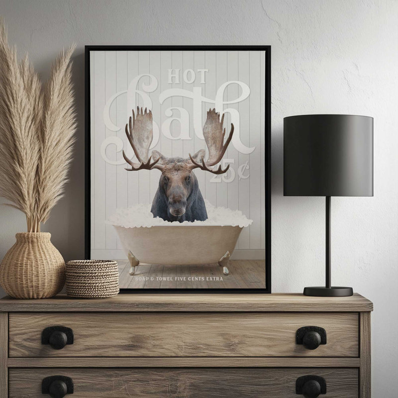 «Moose Hot Bath», impression d'art à lettres et doublée, L 12 po x H 16 po, Toile avec cadre, Noir