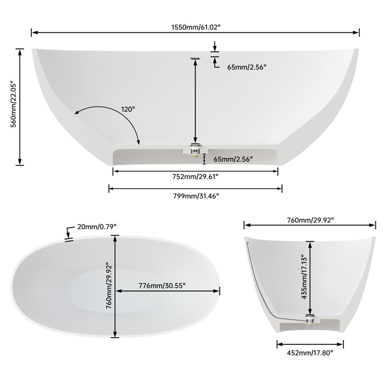 61" Solid Surface Bathtub For Deep Soaking, With Elegant Design And Feature, Advanced Insulation, Ultra- Composite, Easy Maintenance Skin- 61-Inch Design, Safe Soak, Spa-Like Luxury
