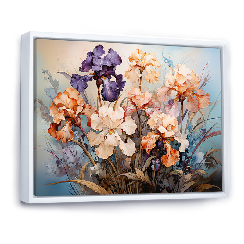 Mauve et pêche iris, charme intemporel sur toile, Cadre flottant blanc, H 16 po x l 32 po x P 1 po