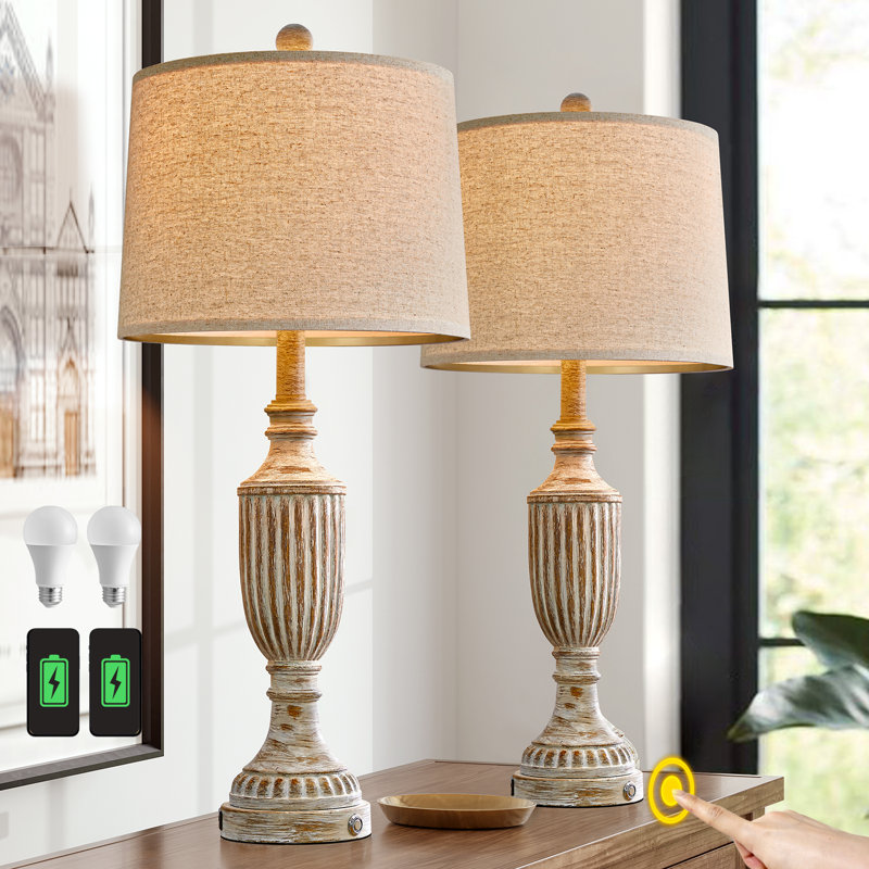 27.5＂ Rustic Resin Lamp with USB Port for Living Room Bedroom Retro Table Lamp with 2 Bulbs