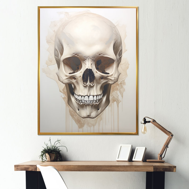 «Skeletal Elegance I», impressions sur toile de crâne, Cadre flottant doré, H 44 po x l 34 po