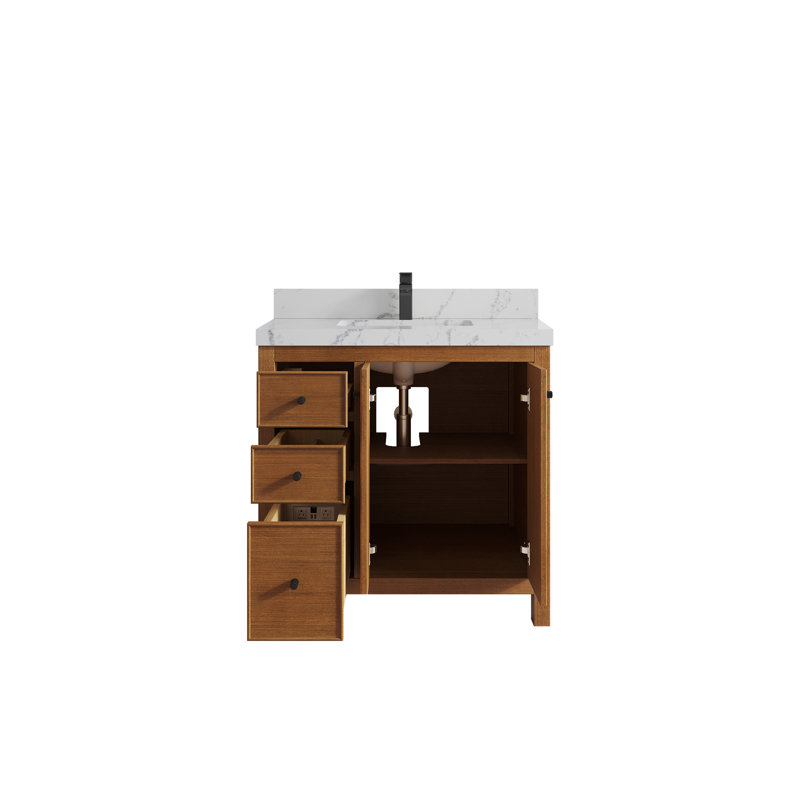 Meuble-lavabo simple 36 po avec plateau en quartz Chicago Teak, Venatino
