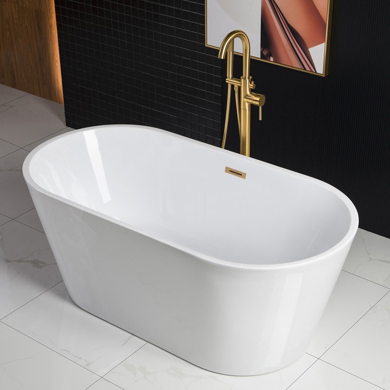 59'' x 29.5'' Freestanding Soaking Acrylic Bathtub, Brushed Gold, White