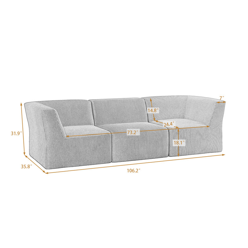 Canapé modulaire rembourré en velours côtelé 3 pièces Berlare Boneless - entièrement comprimé, aucun assemblage requis