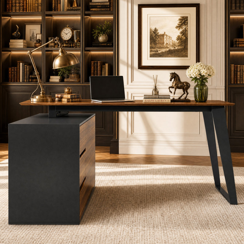 Bureau d'ordinateur en L avec armoire de rangement et tiroirs, bureau d'angle avec espace de travail flexible, Noir / brun