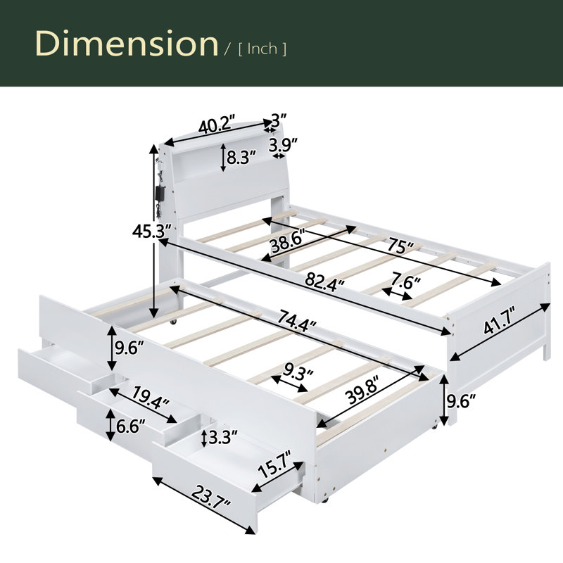 Lit plateforme avec tête de lit à DEL avec rangement, Lit simple
