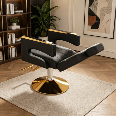 Fauteuil de coiffeur hydraulique professionnel - pivotant à 360 ° avec hauteur réglable, accoudoirs en acier inoxydable et dossier inclinable pour salon et salon de coiffure (noir et or)