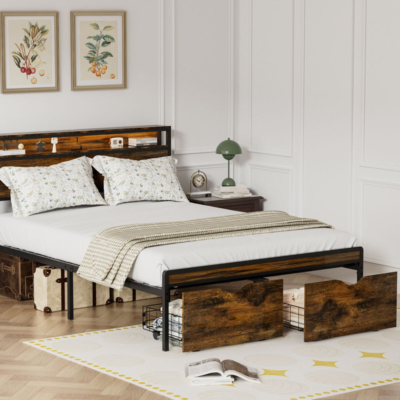 Metal Platform Bed Frame With Adjustable Upholstered Headboard And Charging Station, Full / Double, Brown