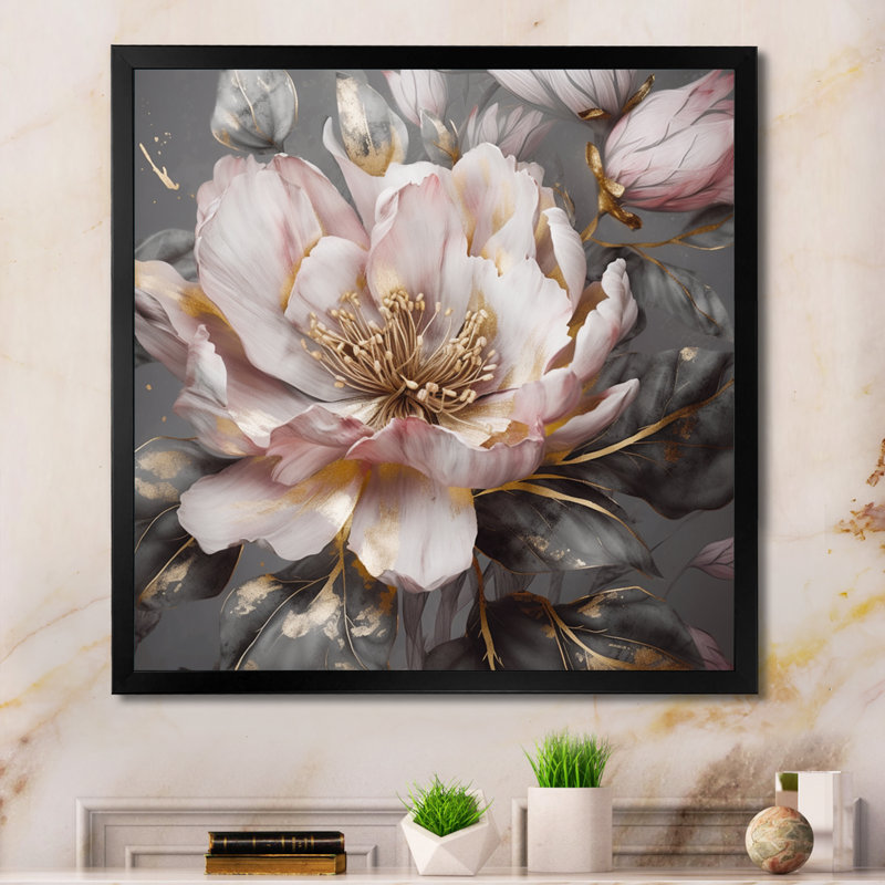 Rose et gris pivoines en fleurs III - pivoines, art mural, Cadre photo noir, H 16 po x l 16 po