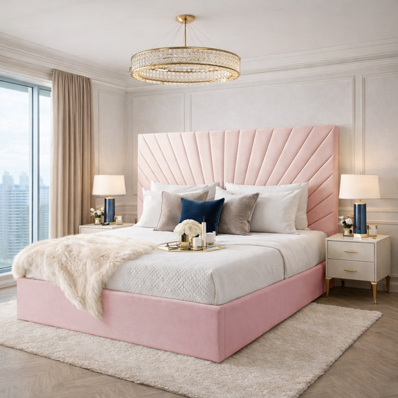 Upholstered Velvet Bed, Super King (6'), Pink