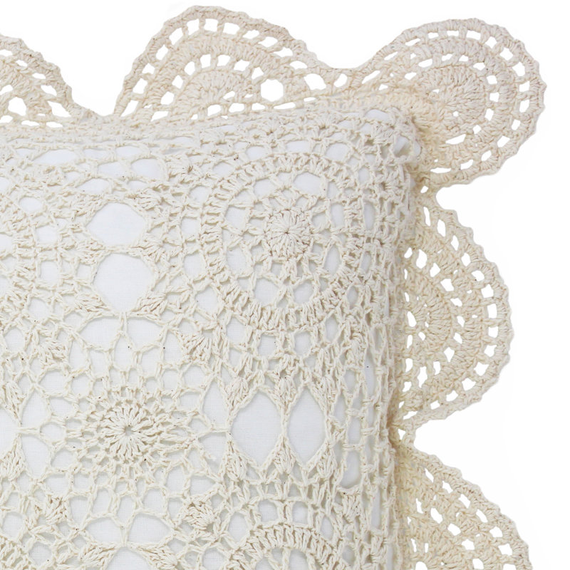 Handmade Cotton Crochet Pillow, Beige