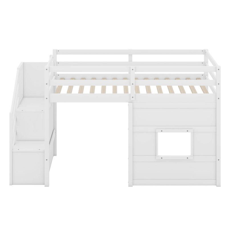 Hanzelin Twin Size Loft Bed with Storage Staircase and Window, White