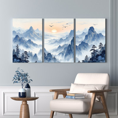 Tableau sur toile tendue représentant un paysage de montagne brumeux (ensemble de 3)