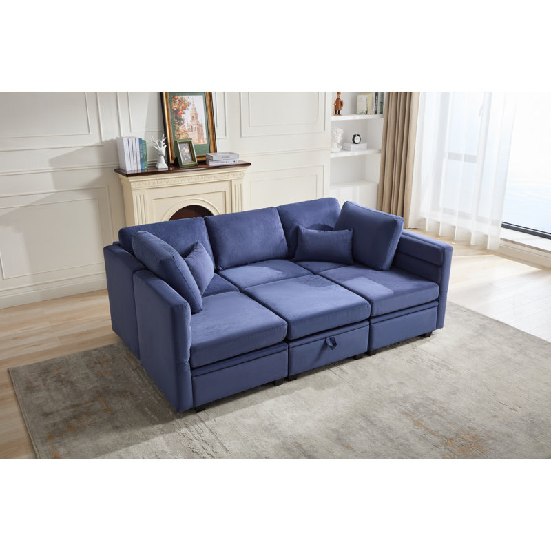 Canapé-lit modulaire 6 pièces avec sièges de rangement et dossier réglable Calkins, Polyester bleu