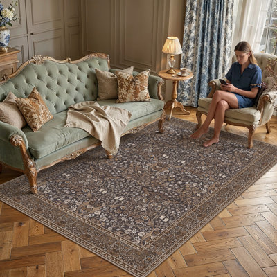 Machine Washable Floral Area Rug With Non-Slip Backing