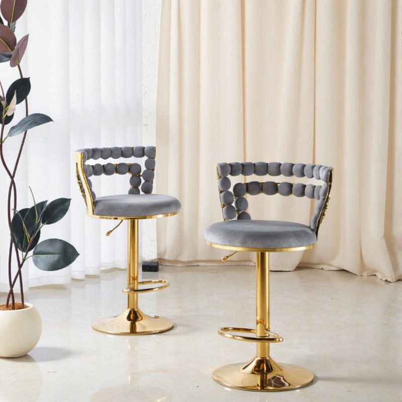 Ensemble de 2 tabourets de bar Modern Gold-Tube - coussins gris moelleux, Gris/doré