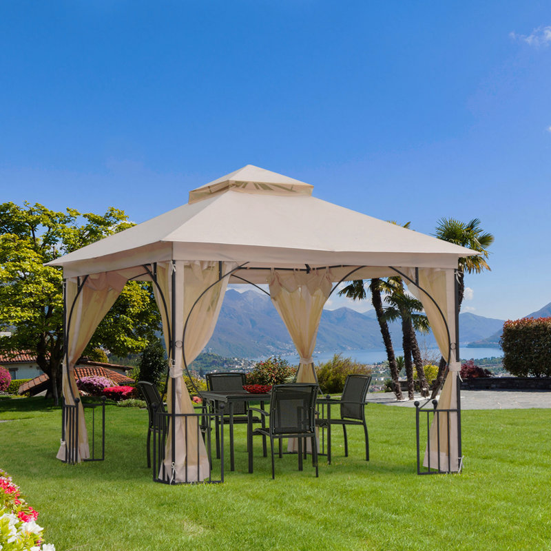 Moustiquaire en acier 10 x 10 pi pour jardin avec double toit et cadre d'angle (beige)