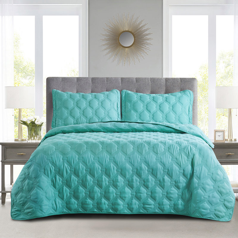 3 Piece Bradly Down Alternative Quilts Set, Teal, Queen Quilt + 2 Twin Shams